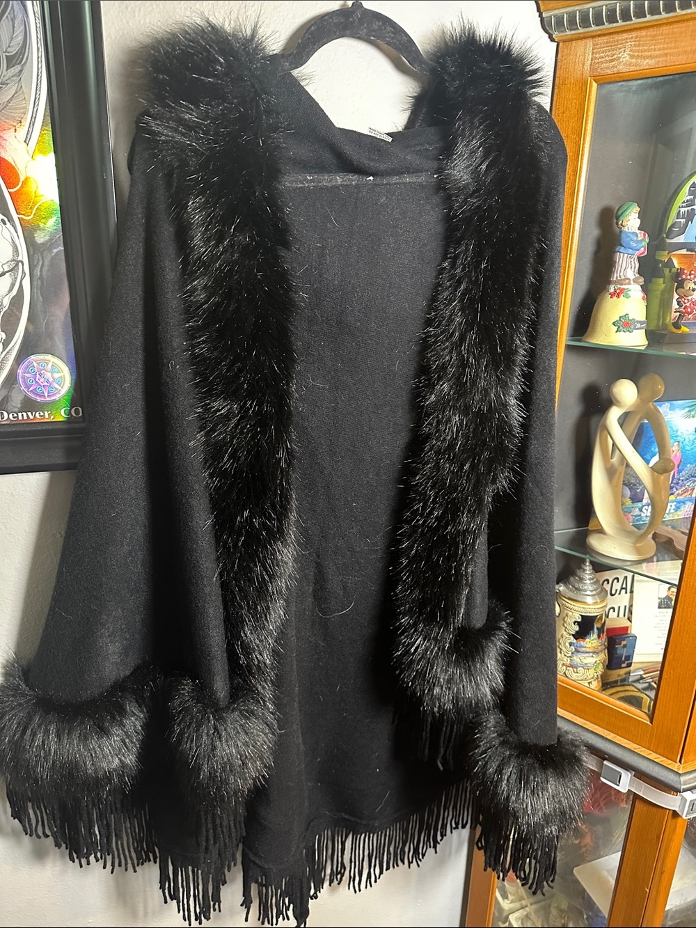 Black Faux Fur-Trim Poncho Sweater